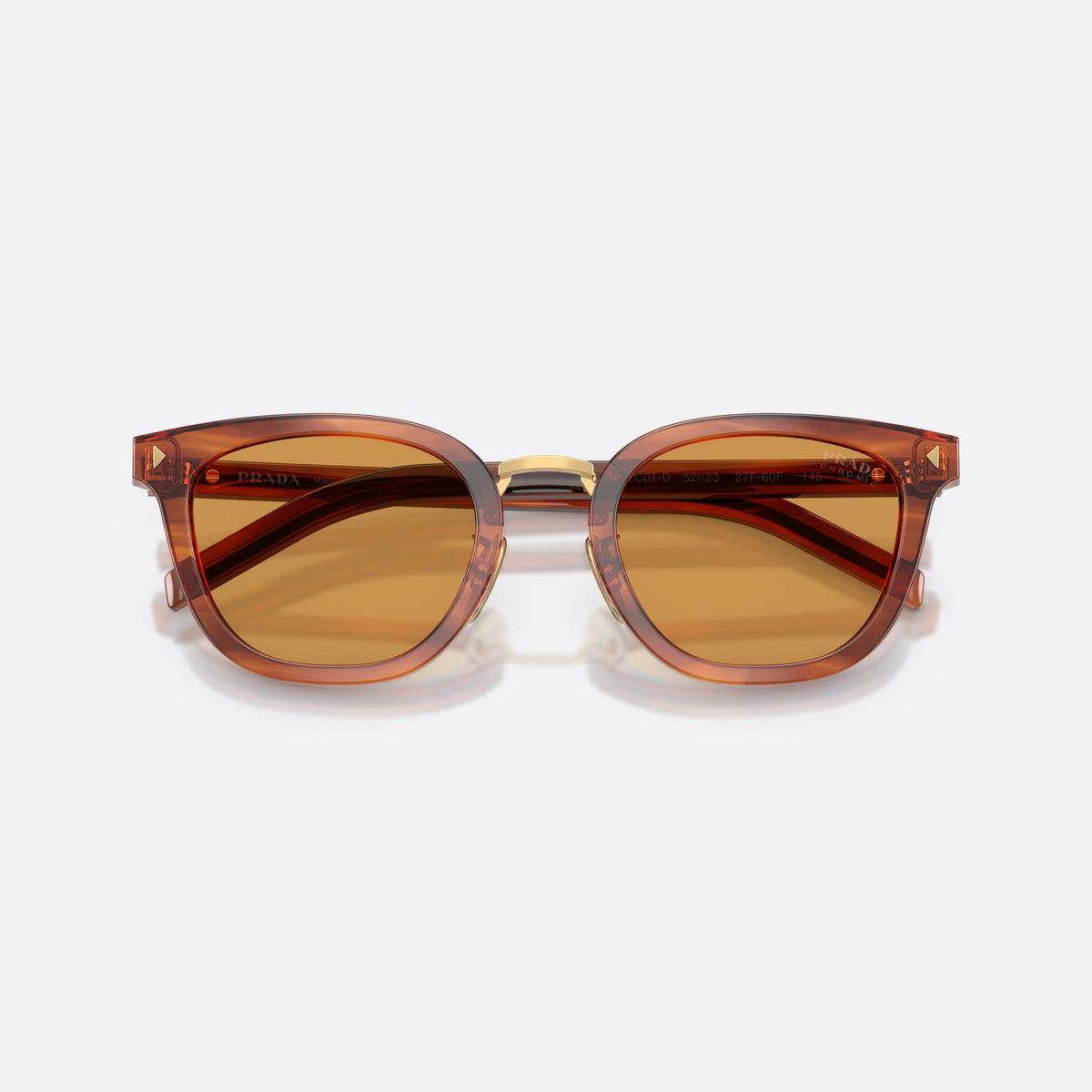 Prada PR C01SD 27F60F sunglasses, brown cat eye frame for men, brand lettering on temples, full-rim frame, folded