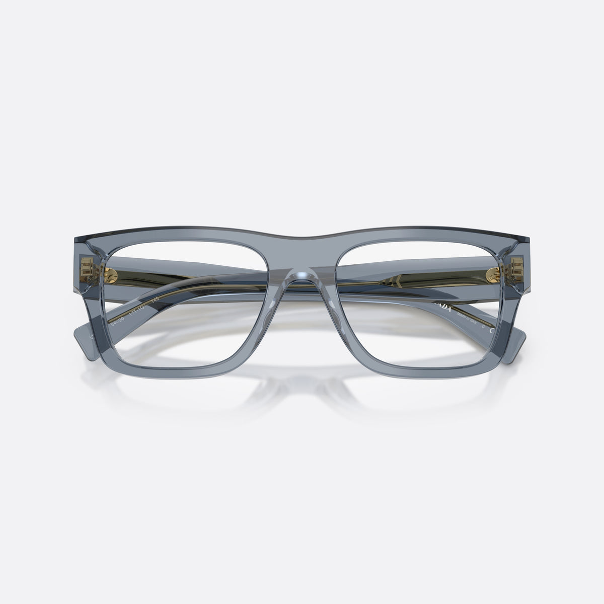 Prada PR C01V 17T1O1 eyeglasses, blue pillow frame for men, plain bridge with rounded top, full-rim frame, folded
