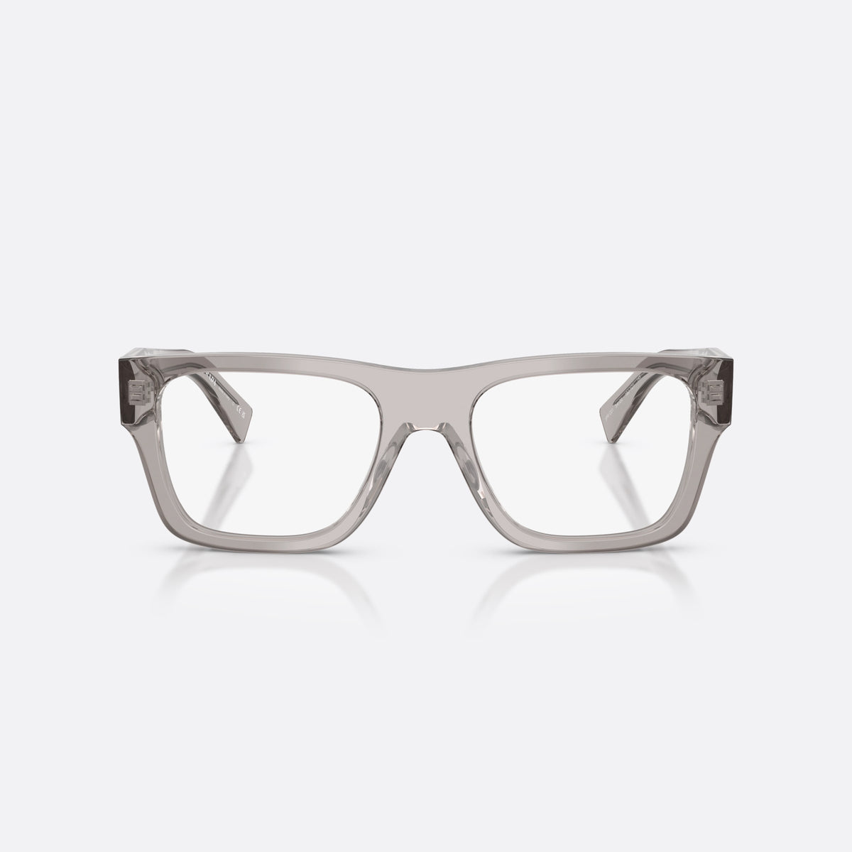 Prada PR C01V 18J1O1 eyeglasses, grey pillow frame for men, plain bridge, brand lettering on temples, full rim, front view