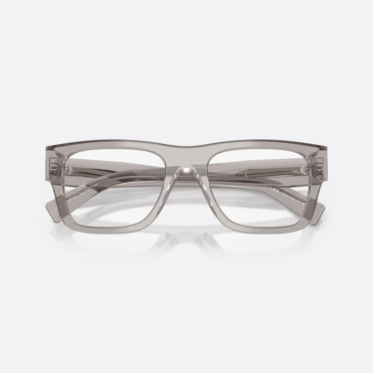 Prada PR C01V 18J1O1 eyeglasses, grey pillow frame for men, plain bridge, brand lettering on temples, full rim, folded