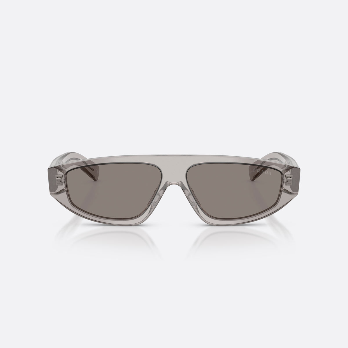 Prada PR C02S 10J80Q sunglasses, grey irregular frame for men, plain integrated bridge, brand lettering on temples, front view