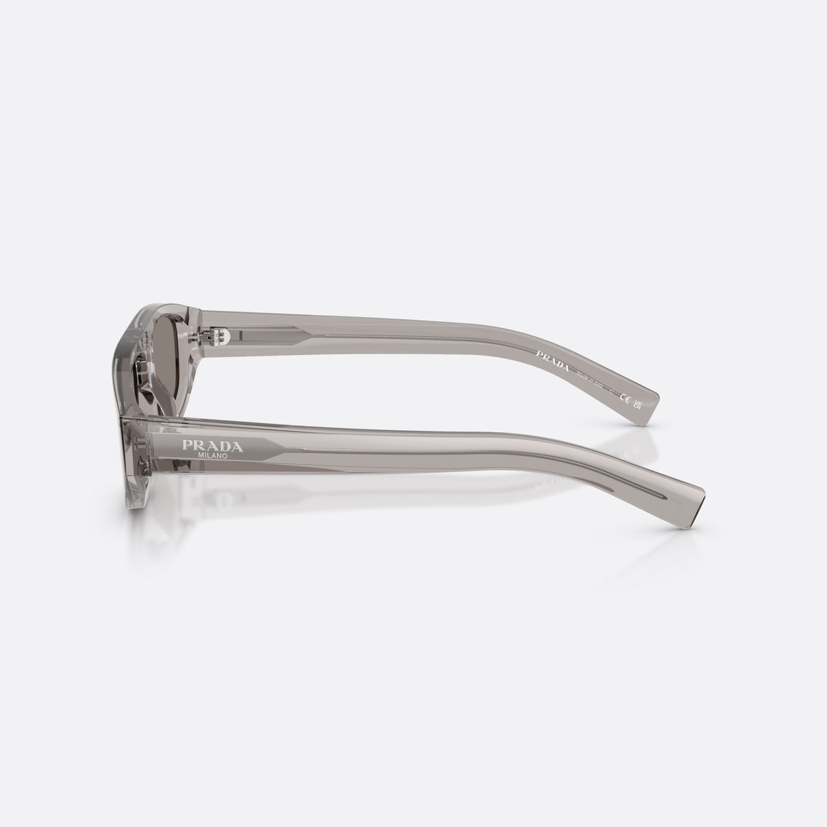 Prada PR C02S 10J80Q sunglasses, grey irregular frame for men, plain integrated bridge, brand lettering on temples, side view