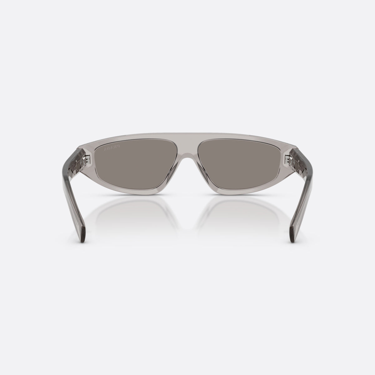 Prada PR C02S 10J80Q sunglasses, grey irregular frame for men, plain integrated bridge, brand lettering on temples, back view