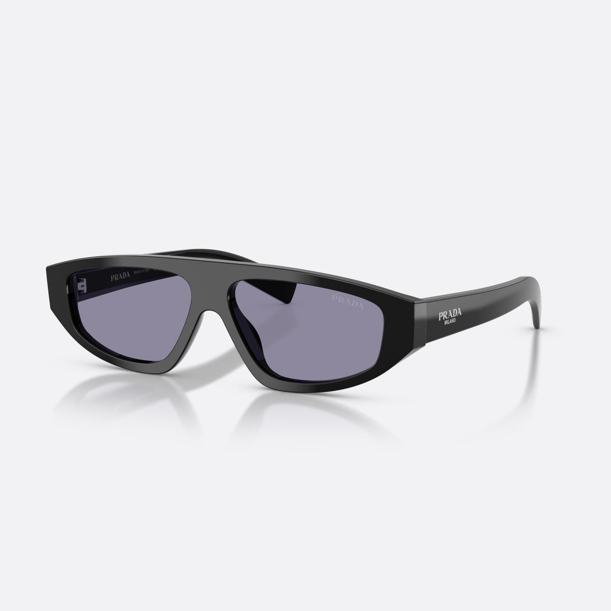 Prada PR C02S 16K50B sunglasses, black irregular frame for men, plain integrated bridge, brand lettering on temples