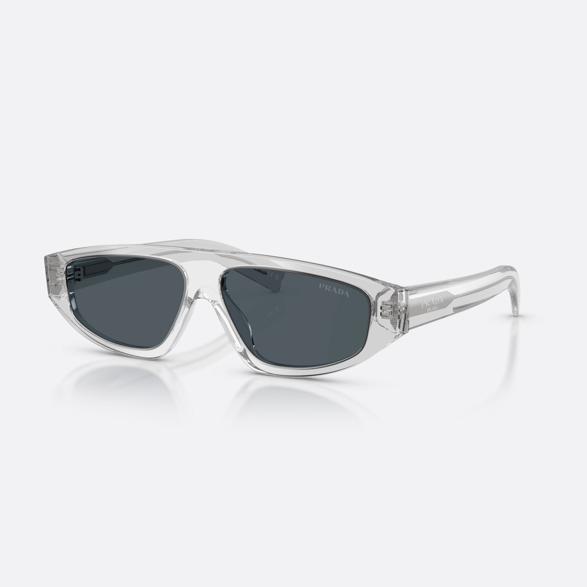Prada PR C02S 17P70B sunglasses, grey irregular frame for men, plain integrated bridge, brand logo on lens, full rim frame