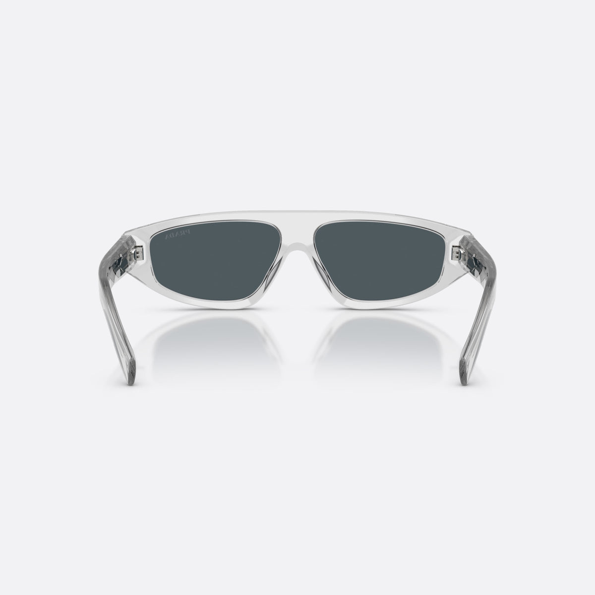 Prada PR C02S 17P70B sunglasses, grey irregular frame for men, plain integrated bridge, brand logo on lens, full rim frame, back view