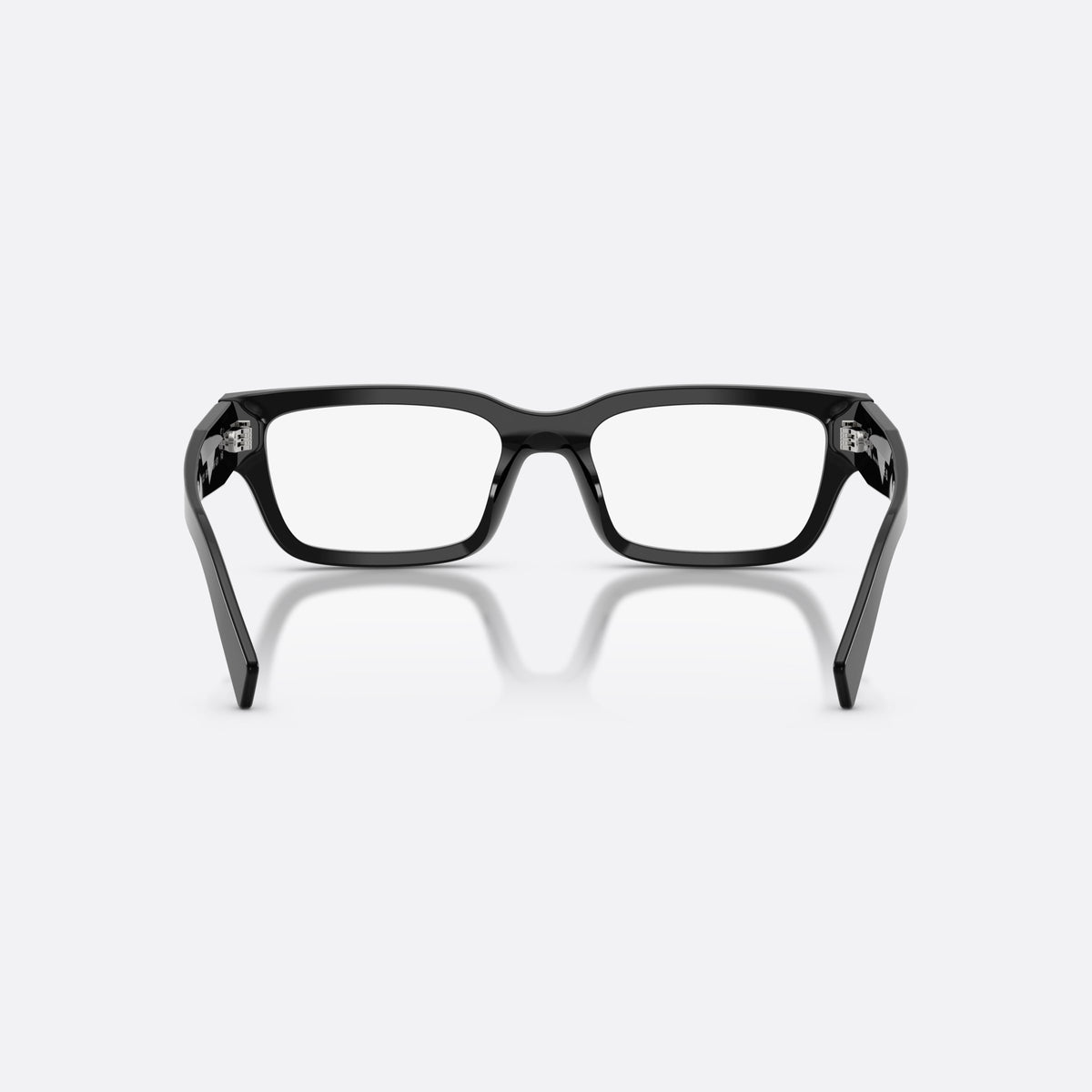 Prada PR C02V 16K1O1 eyeglasses, black pillow frame for men, plain double-arch bridge, brand lettering on temples, back view