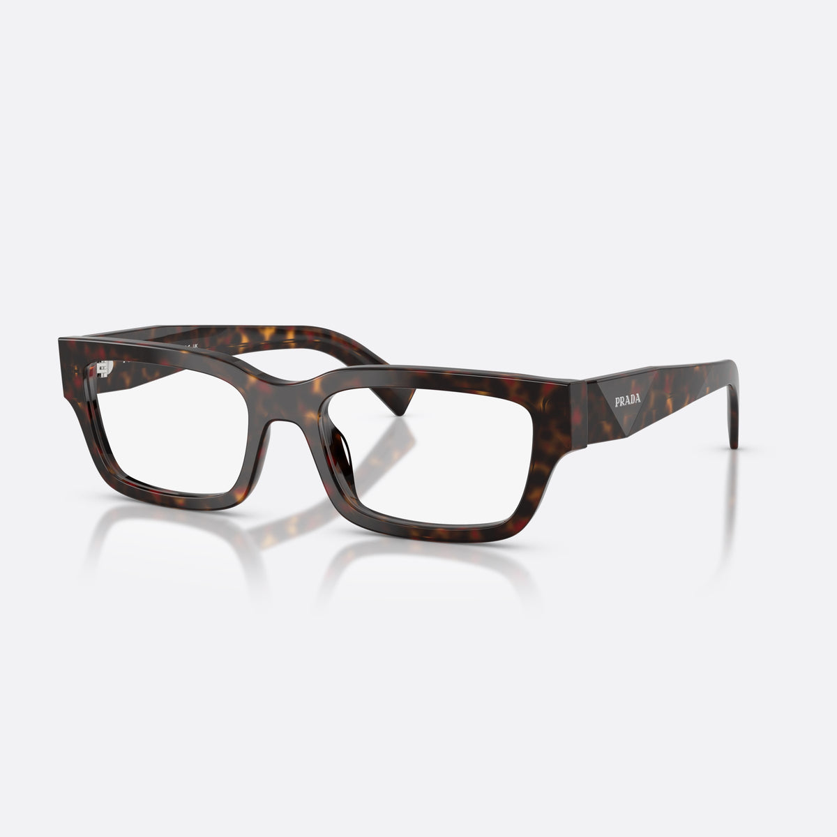 Prada PR C02V 17N1O1 eyeglasses, havana pillow frame for men, plain saddle bridge, brand logo plaque on temples