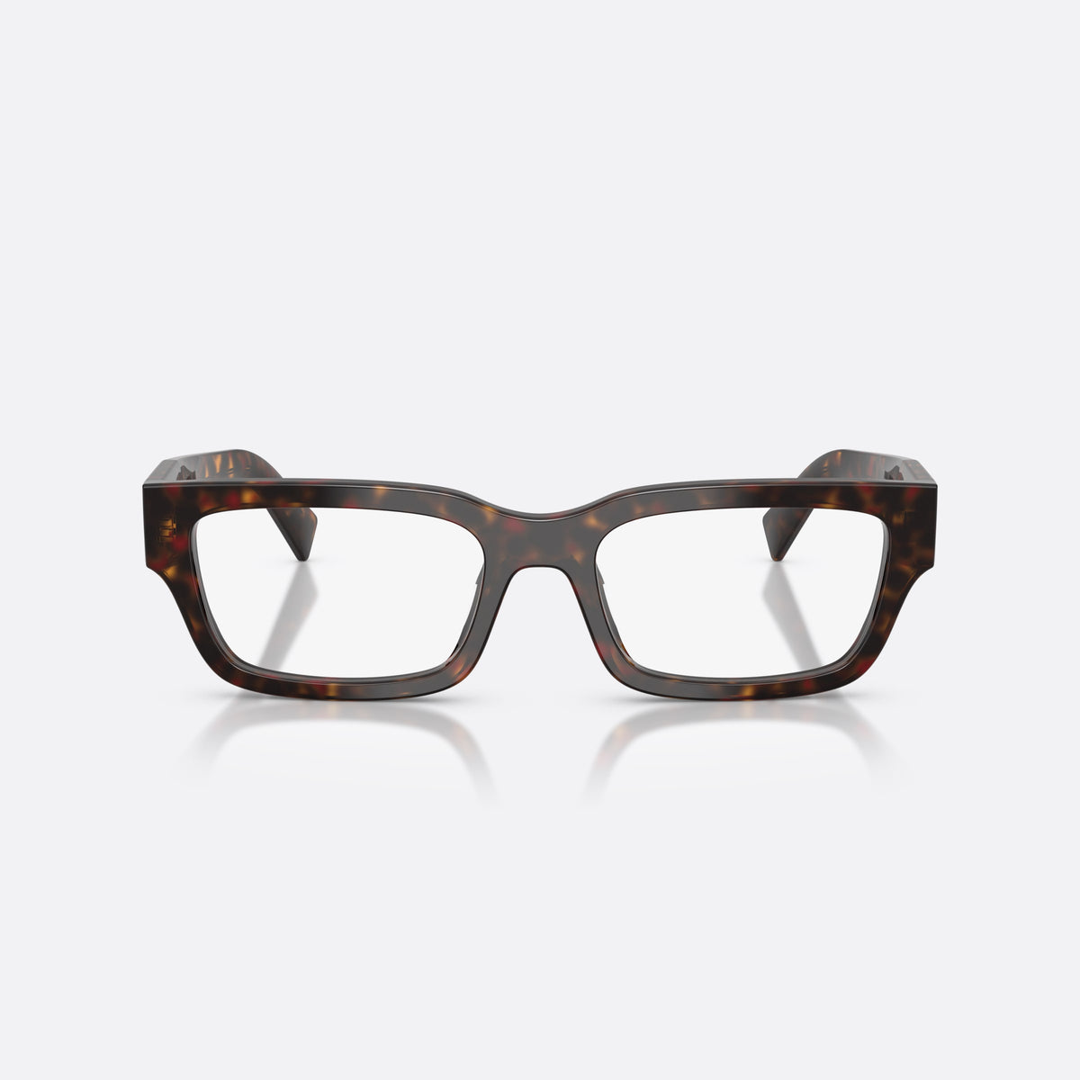 Prada PR C02V 17N1O1 eyeglasses, havana pillow frame for men, plain saddle bridge, brand logo plaque on temples, front view