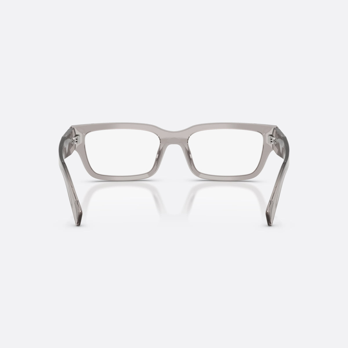 Prada PR C02V 18J1O1 eyeglasses, grey pillow frame for men, plain acetate-style bridge, brand lettering on temples, back view