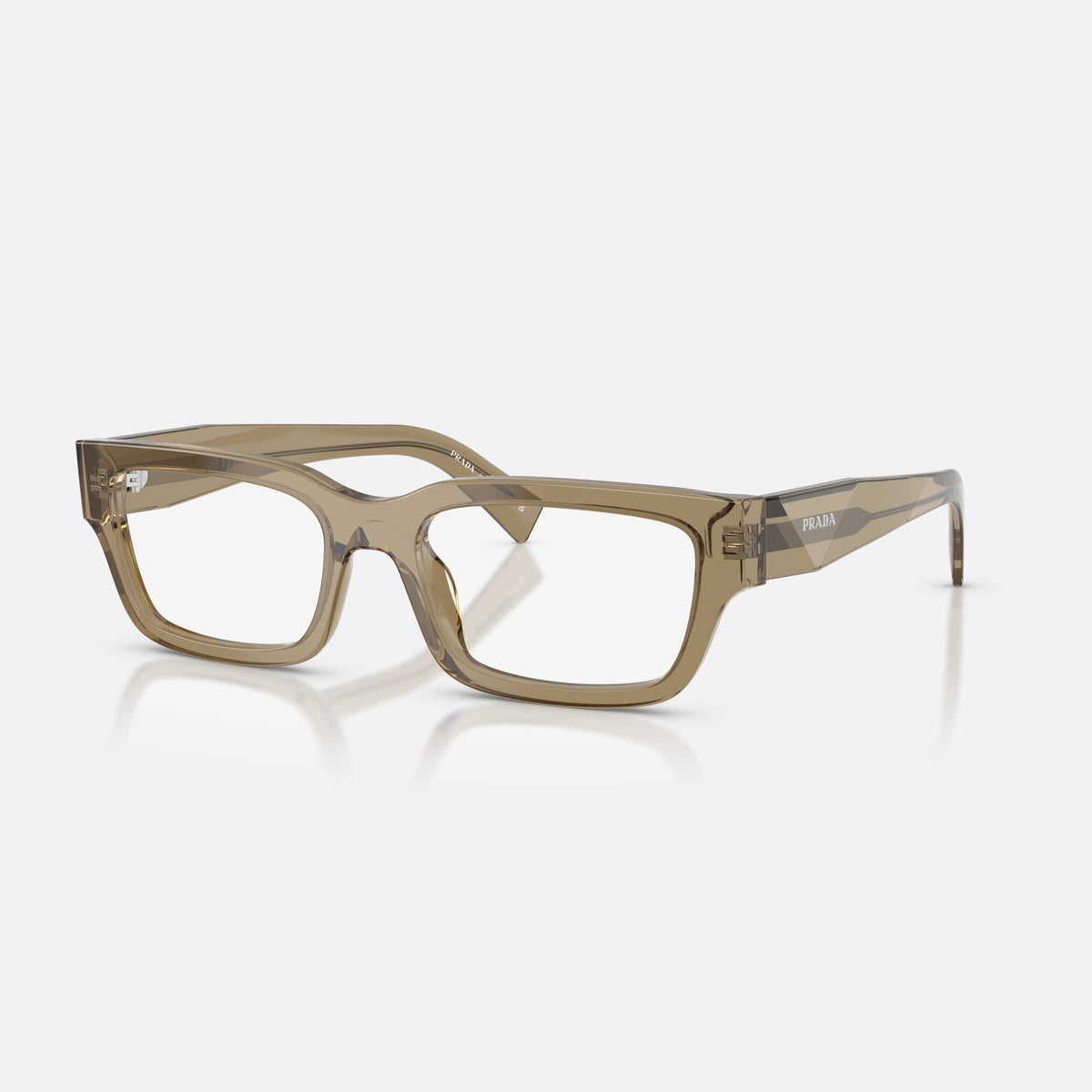 Prada PR C02V 22H1O1 eyeglasses, brown pillow frame for men, plain bridge, brand lettering on temples