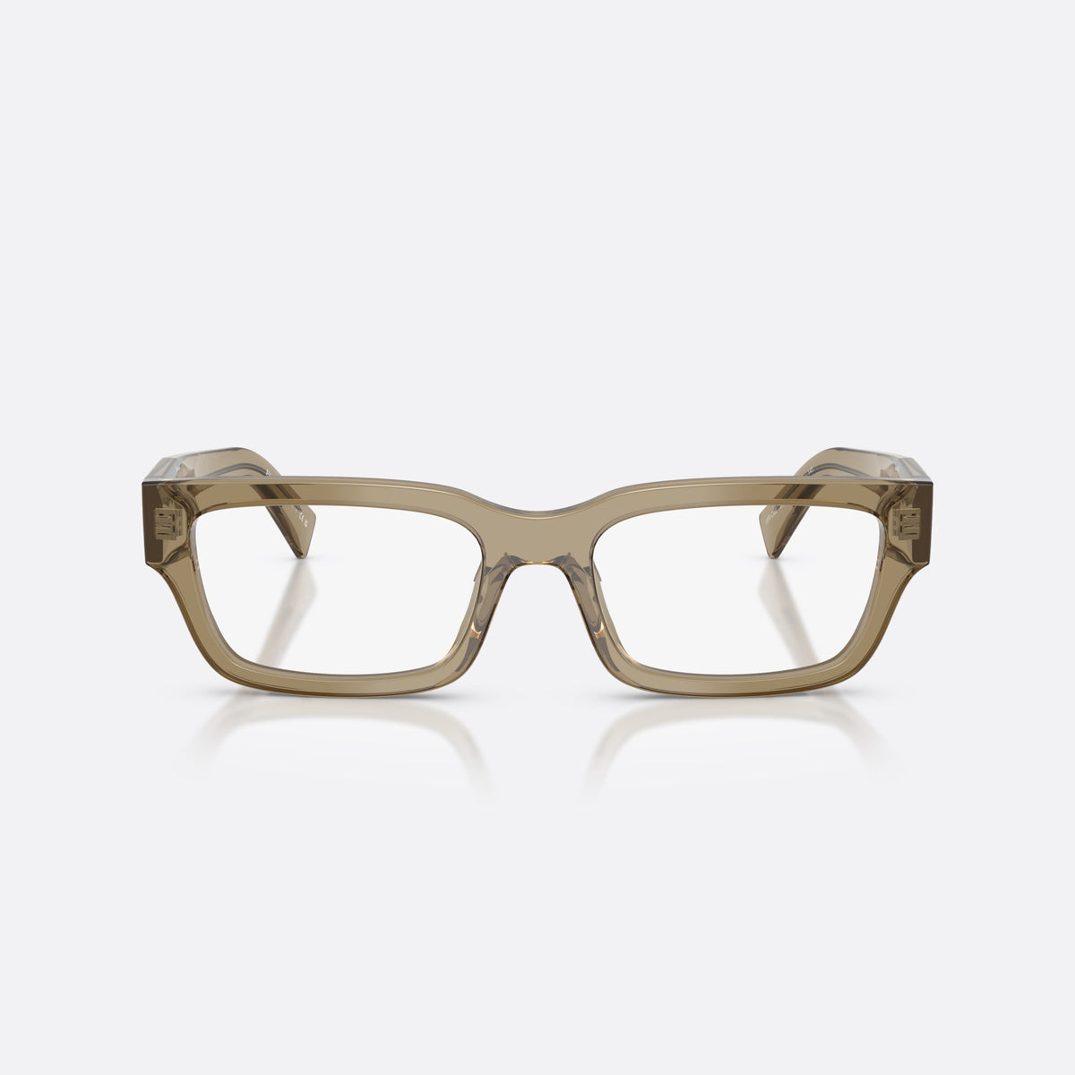 Prada PR C02V 22H1O1 eyeglasses, brown pillow frame for men, plain bridge, brand lettering on temples, front view