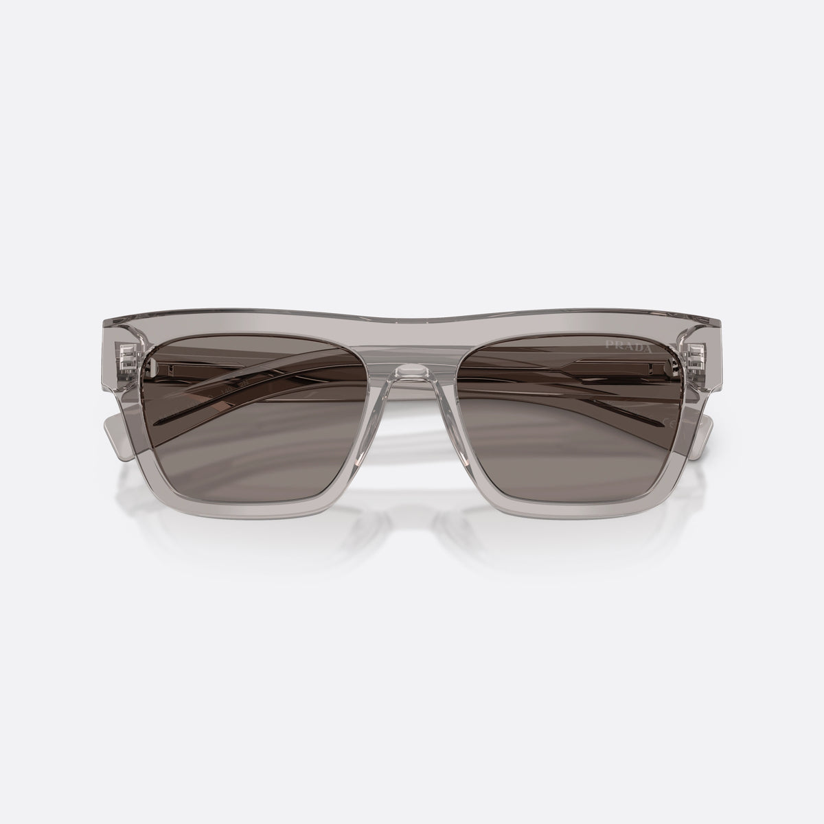 Prada PR C03S 10J80Q sunglasses, grey rectangle frame for men, plain bridge, brand lettering on temples, full-rim frame, folded