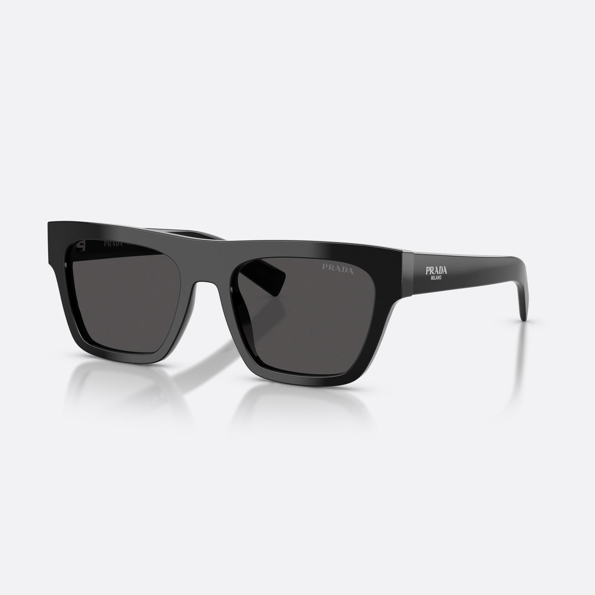 Prada PR C03S 16K08Z sunglasses, black rectangle frame for men, plain bridge, brand lettering on temples, full-rim frame