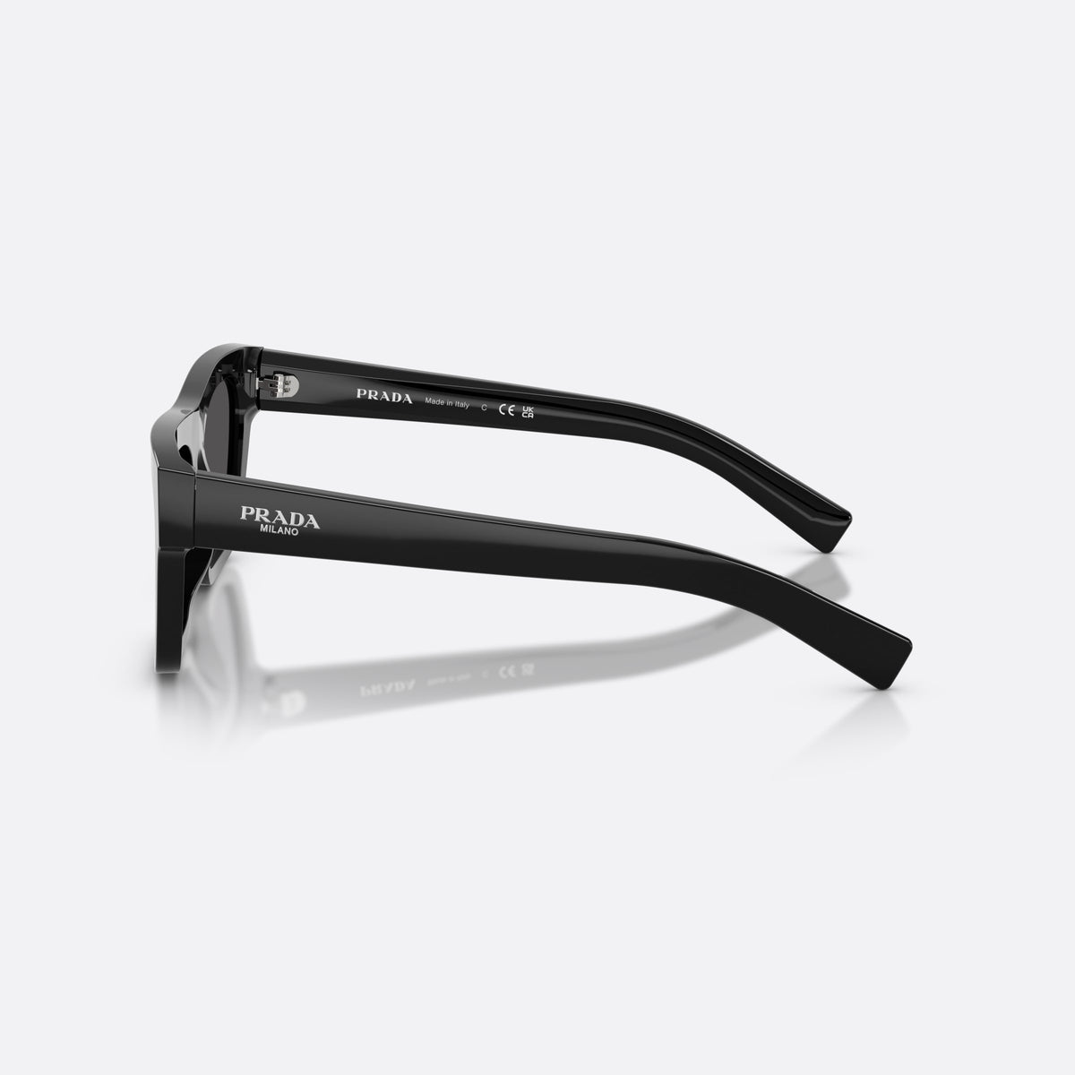 Prada PR C03S 16K08Z sunglasses, black rectangle frame for men, plain bridge, brand lettering on temples, full-rim frame, side view
