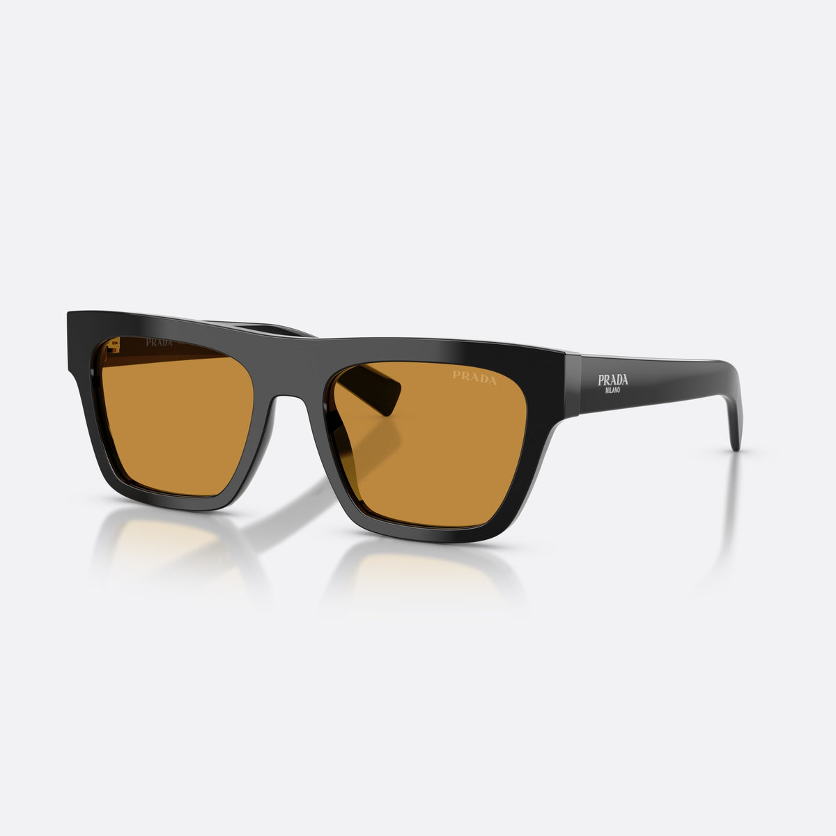 Prada PR C03S 16K50P sunglasses, black rectangle frame for men, plain bridge, brand lettering on the temples, full-rim frame