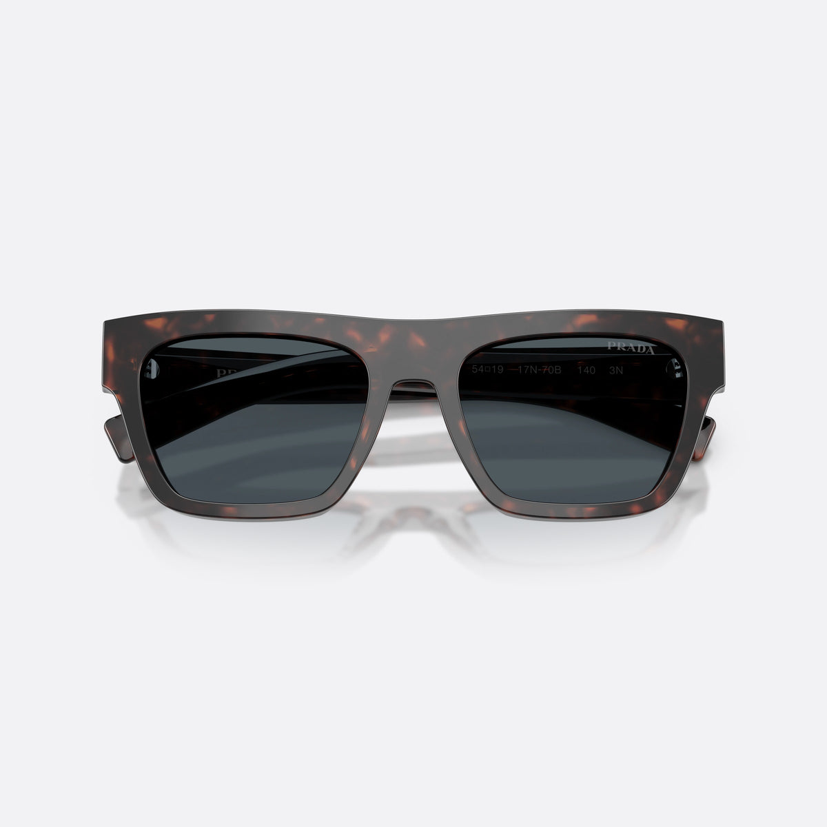 Prada PR C03S 17N70B sunglasses, havana rectangle frame for men, plain bridge, integrated into frame, full-rim thick frame, folded