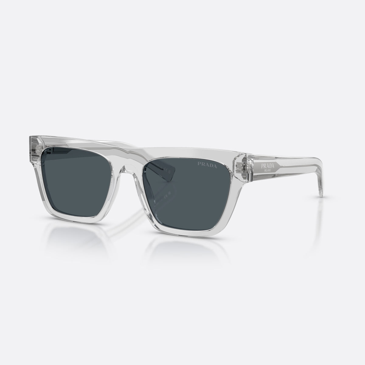 Prada PR C03S 17P70B sunglasses, grey rectangle frame for men, plain double-bridge style top bar, brand logo on lens rim