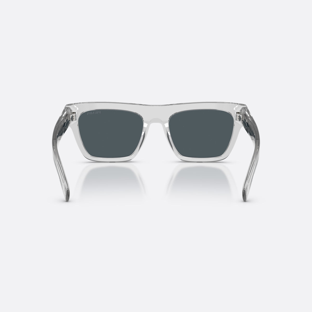 Prada PR C03S 17P70B sunglasses, grey rectangle frame for men, plain double-bridge style top bar, brand logo on lens rim, back view