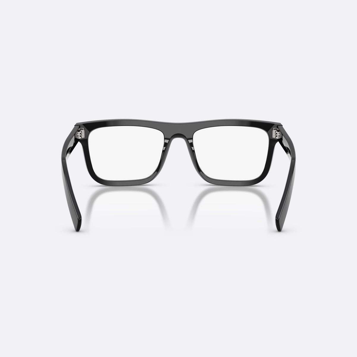 Prada PR C03V 16K1O1 eyeglasses, black pillow frame for men, plain bridge, brand lettering on temple, full-rim frame, back view