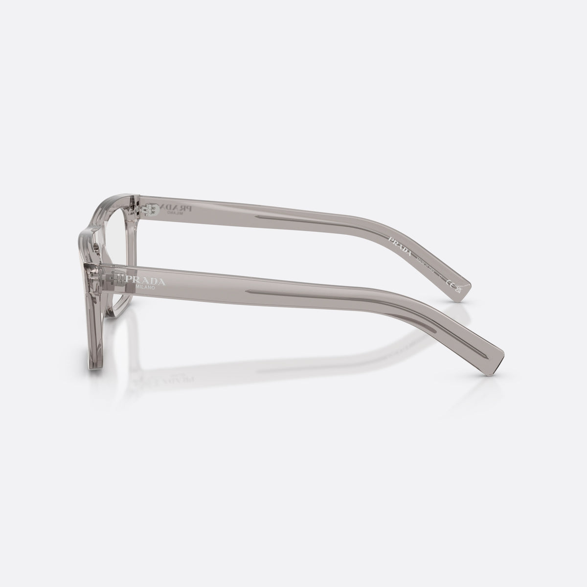 Prada PR C03V 18J1O1 eyeglasses, grey pillow frame for men, plain bridge, integrated into frame, full-rim frame, side view