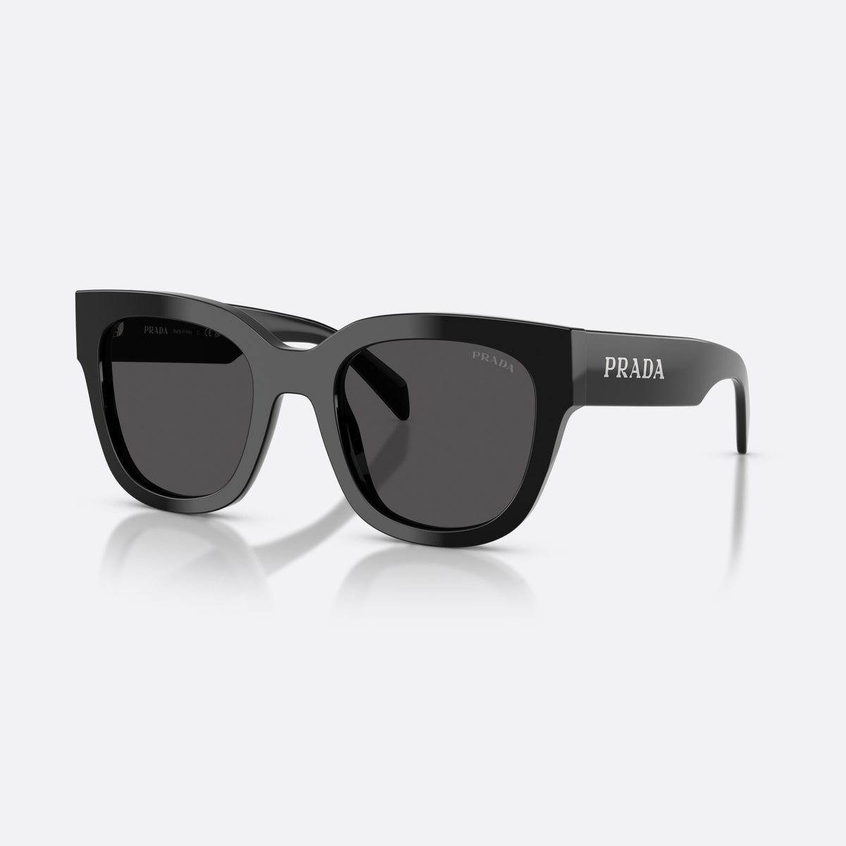 Prada PR C04S 16K08Z sunglasses, black square frame for women, plain integrated bridge, brand lettering on temples