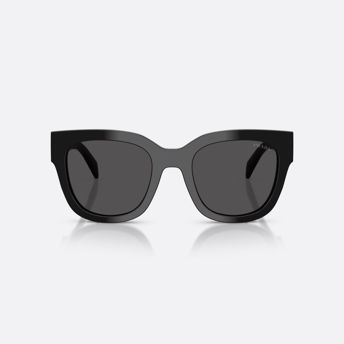 Prada PR C04S 16K08Z sunglasses, black square frame for women, plain integrated bridge, brand lettering on temples, front view