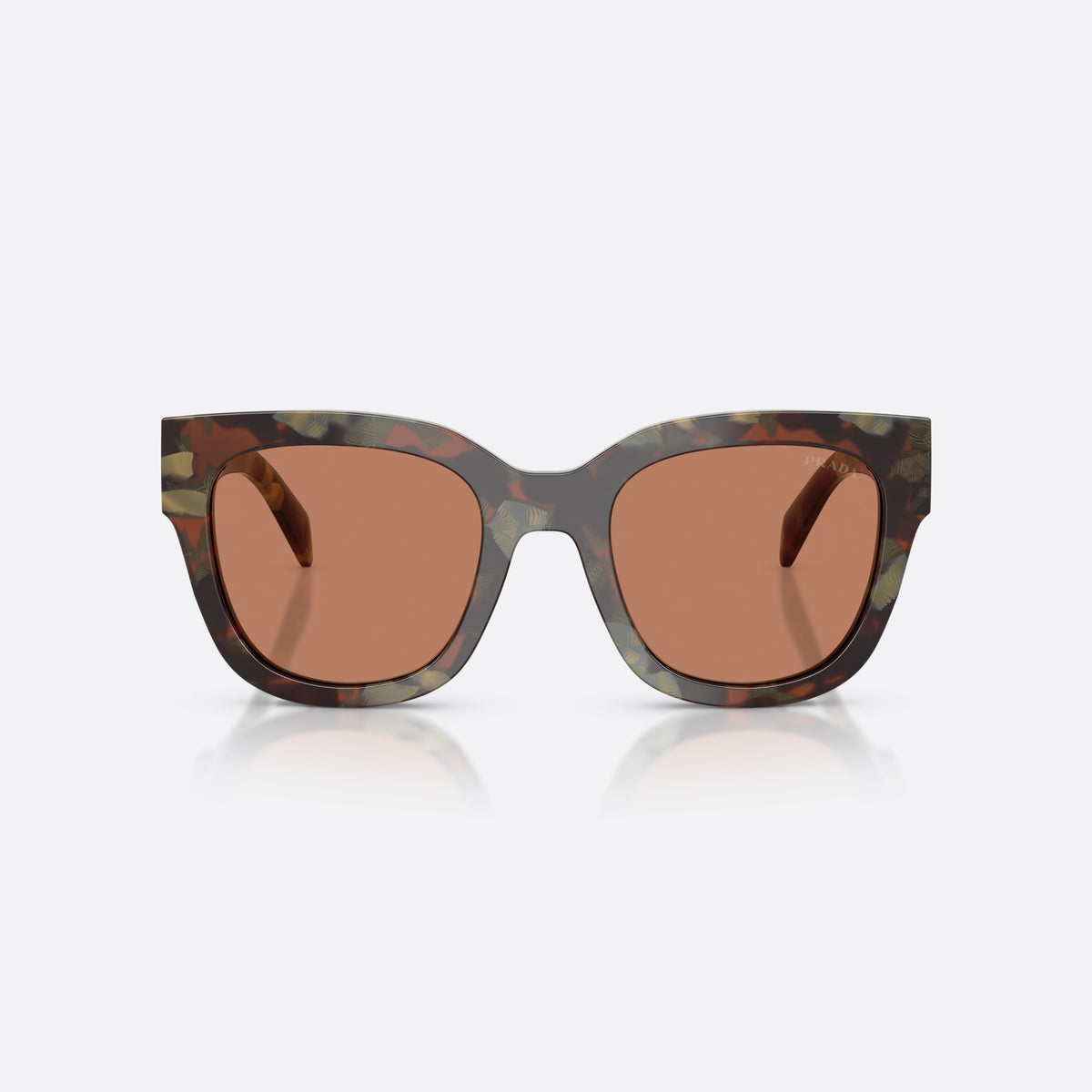 Prada PR C04S 22F90Q sunglasses, havana square frame for women, plain bridge, brand lettering on the temples, front view
