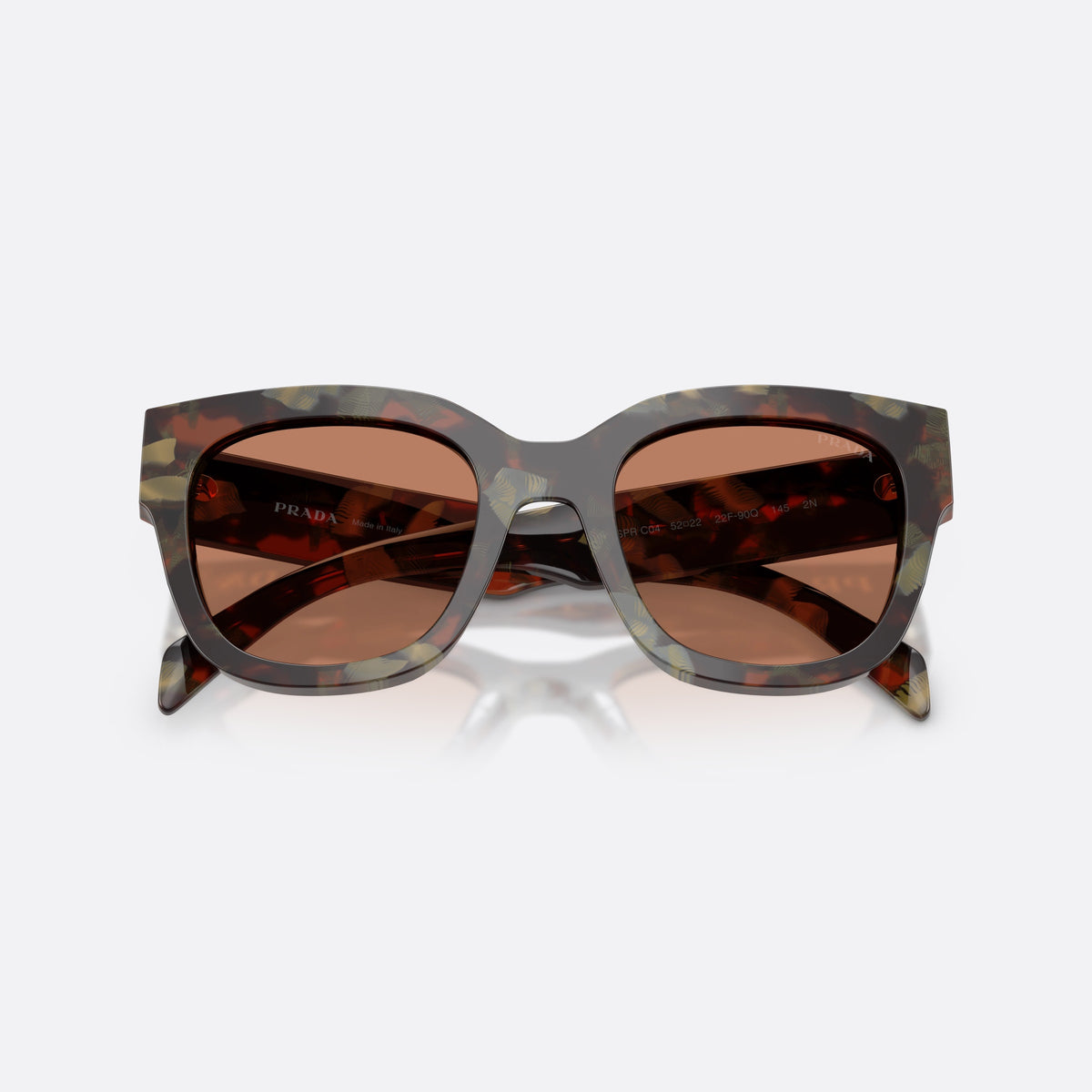 Prada PR C04S 22F90Q sunglasses, havana square frame for women, plain bridge, brand lettering on the temples, folded