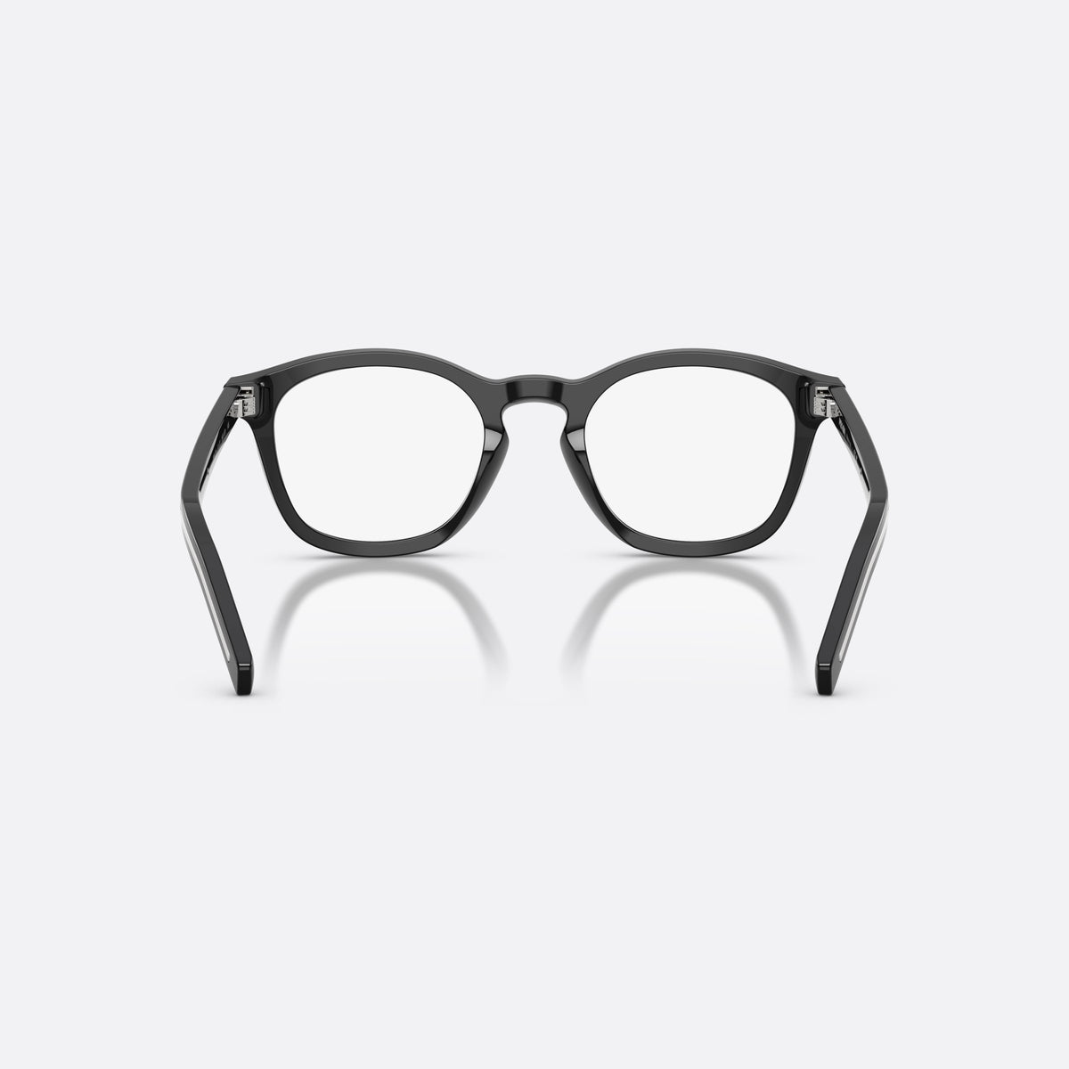 Prada PR C04V 16K1O1 eyeglasses, black pillow frame for men, brand lettering on temples, slim tapered temples, back view