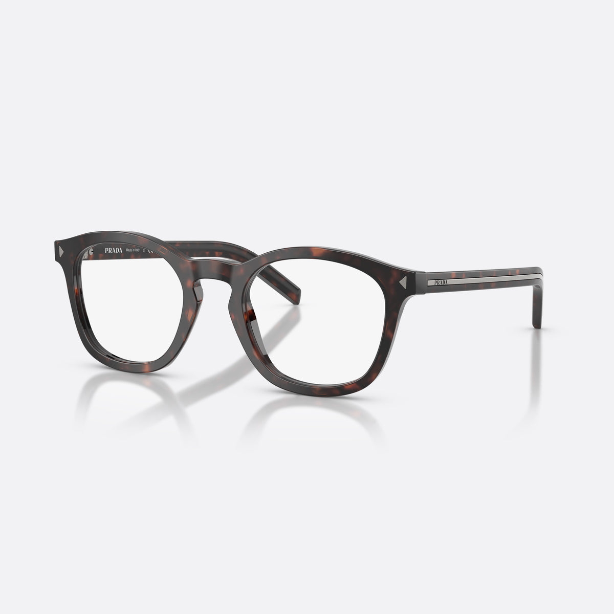 Prada PR C04V 17N1O1 eyeglasses, havana pillow frame for men, brand lettering on the temples, flat temples with plaque