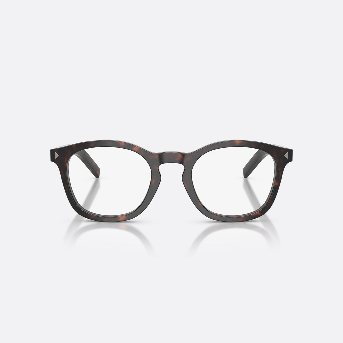 Prada PR C04V 17N1O1 eyeglasses, havana pillow frame for men, brand lettering on the temples, flat temples with plaque, front view