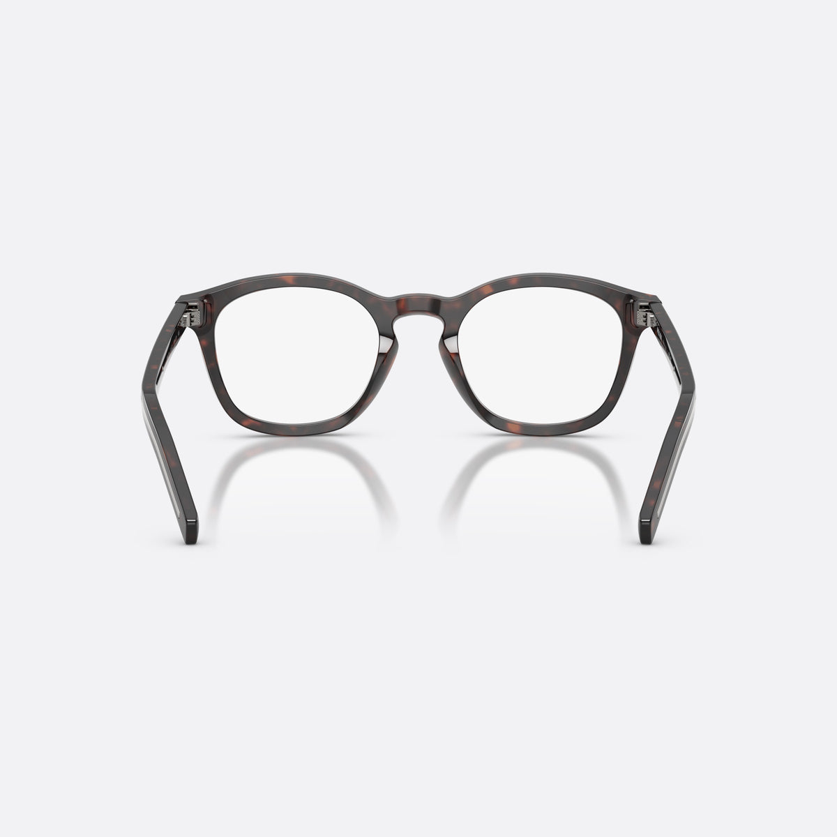 Prada PR C04V 17N1O1 eyeglasses, havana pillow frame for men, brand lettering on temples, full-rim frame, back view