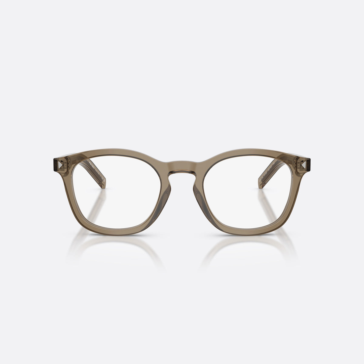 Prada PR C04V 18T1O1 eyeglasses, brown pillow frame for men, brand lettering on temples, slim temples with stripe, front view