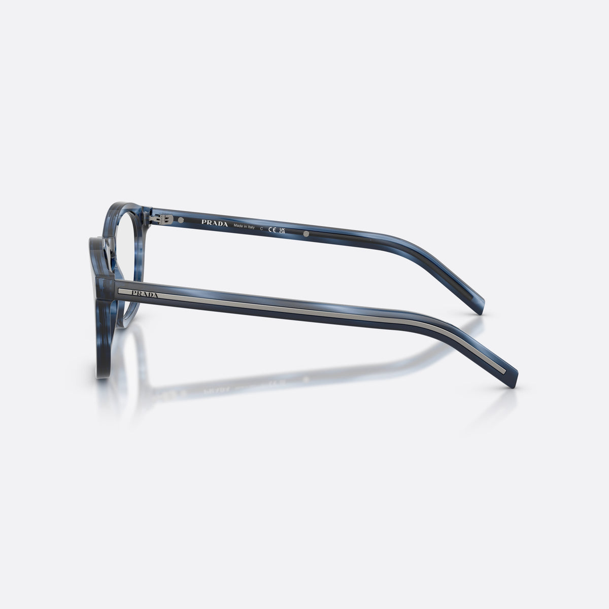 Prada PR C04V 26F1O1 eyeglasses, blue pillow frame for men, brand lettering on temples, full-rim thick frame, side view