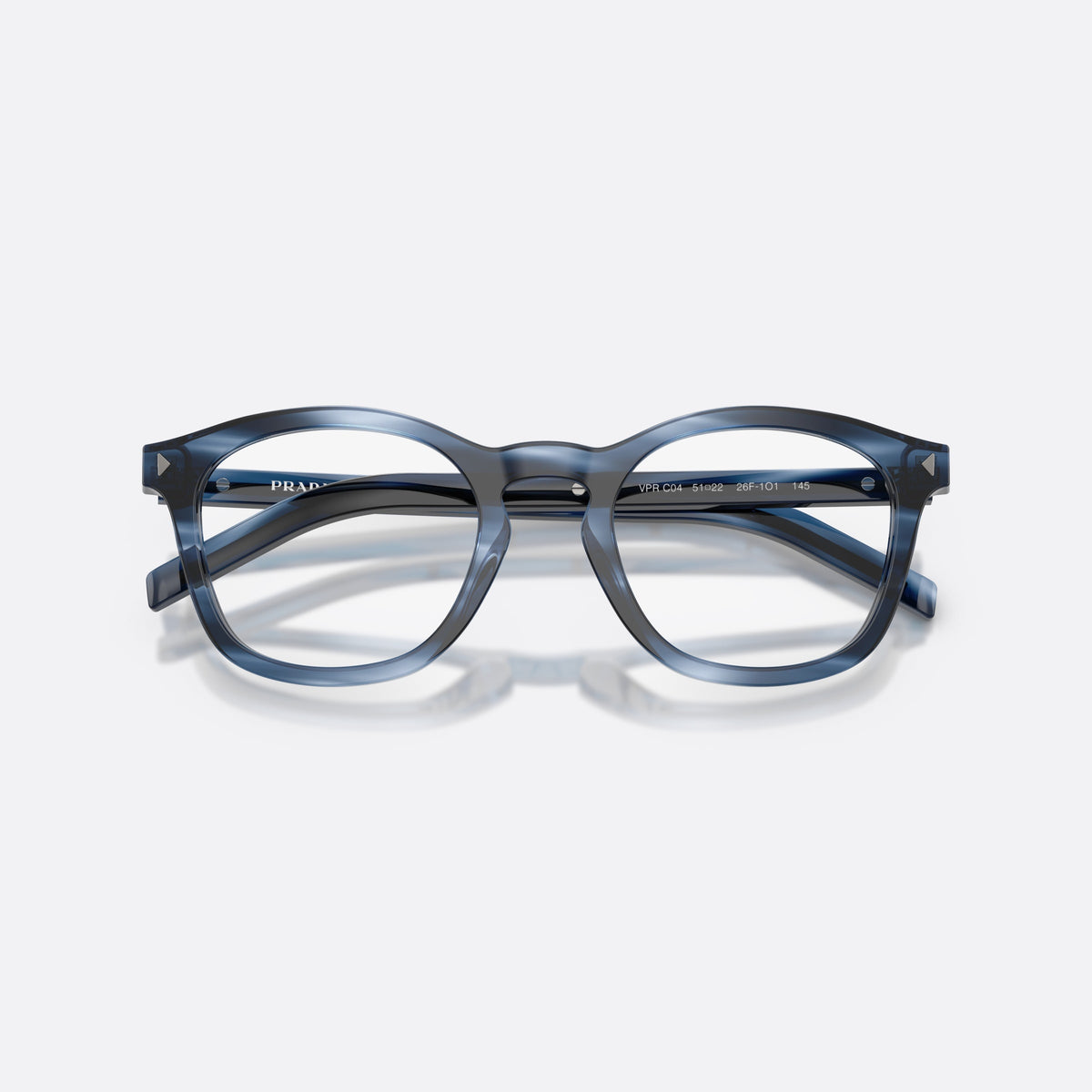 Prada PR C04V 26F1O1 eyeglasses, blue pillow frame for men, brand lettering on temples, full-rim thick frame, folded