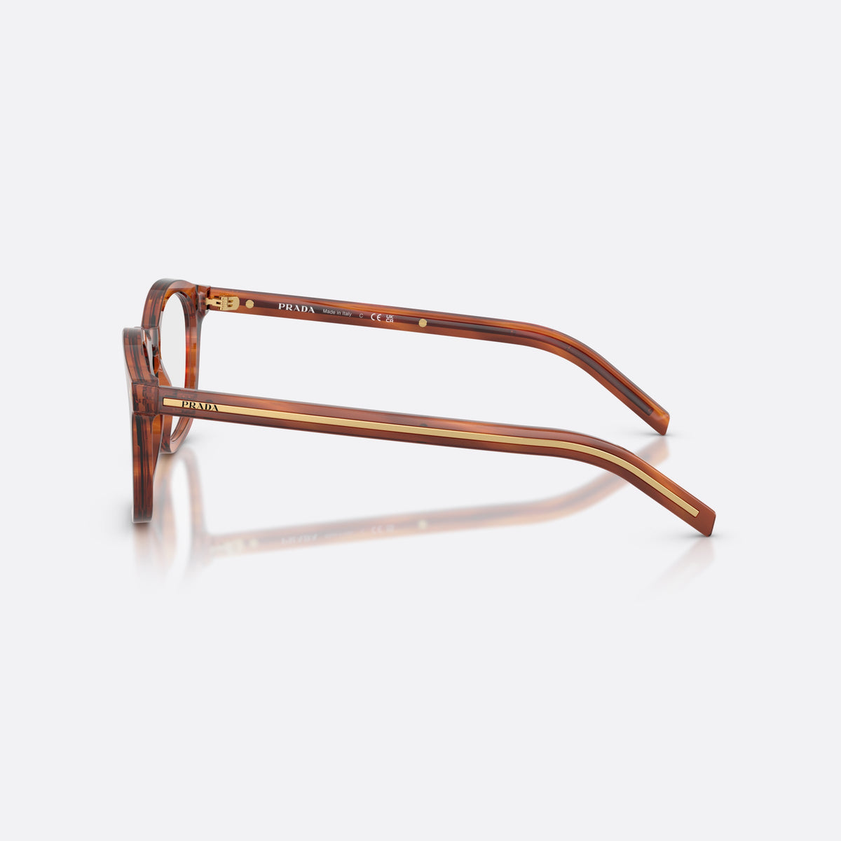 Prada PR C04V 27F1O1 eyeglasses, brown pillow frame for men, brand lettering on temples, slim flat temples, side view