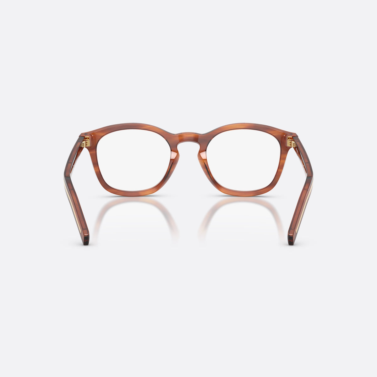Prada PR C04V 27F1O1 eyeglasses, brown pillow frame for men, brand lettering on temples, slim tapered temples, back view