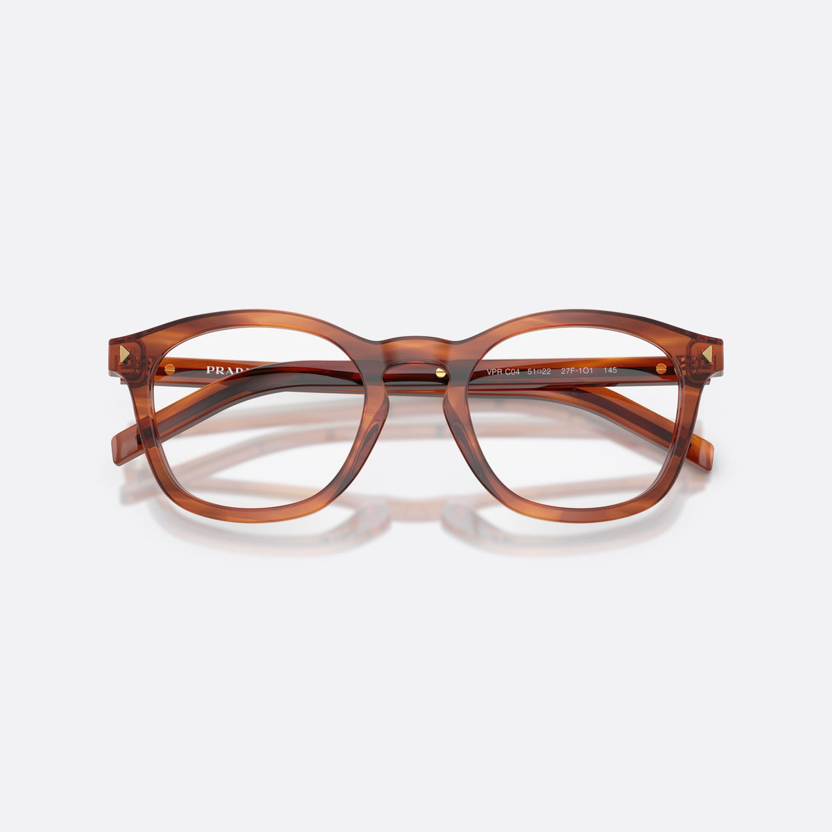 Prada PR C04V 27F1O1 eyeglasses, brown pillow frame for men, brand lettering on temples, slim tapered temples, folded