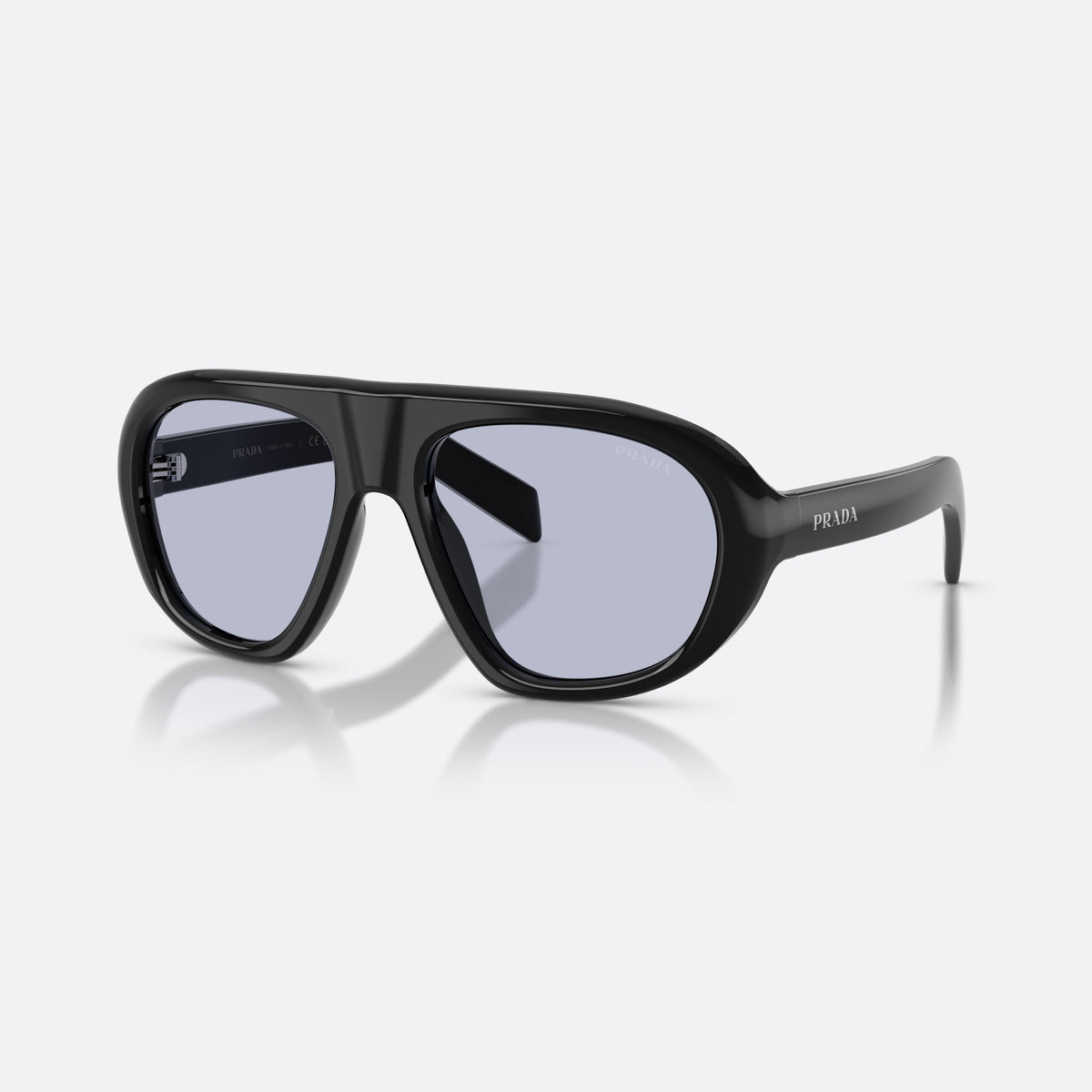 Prada PR C05S 16K30X sunglasses, black irregular frame for women, plain double bridge, brand logo on temple