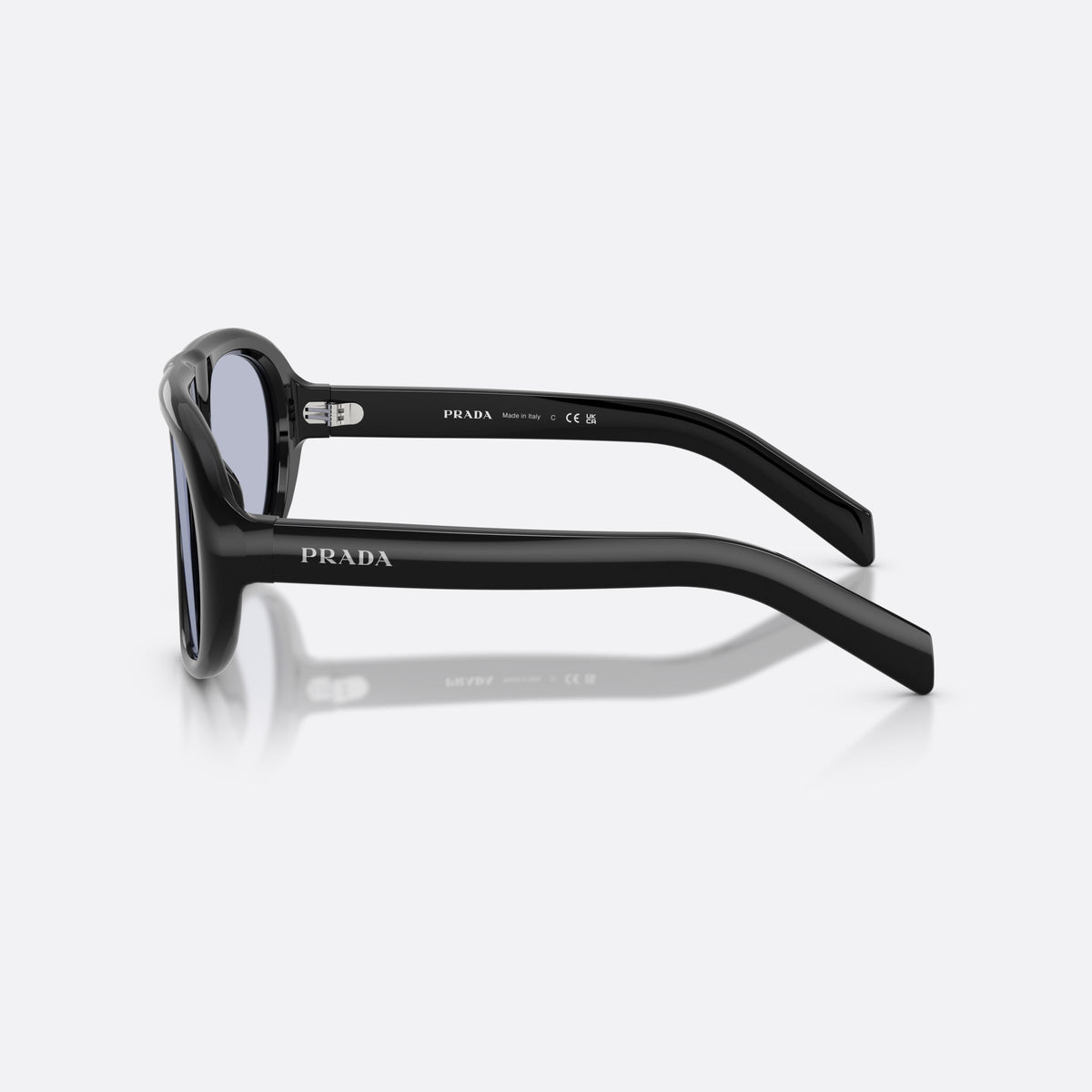 Prada PR C05S 16K30X sunglasses, black irregular frame for women, plain double bridge, brand logo on temple, side view