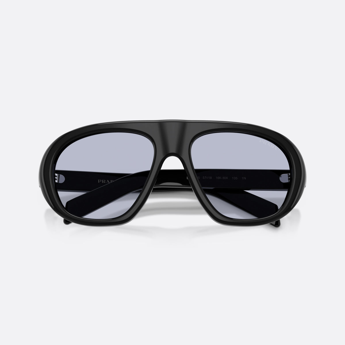 Prada PR C05S 16K30X sunglasses, black irregular frame for women, plain double bridge, brand logo on temple, folded