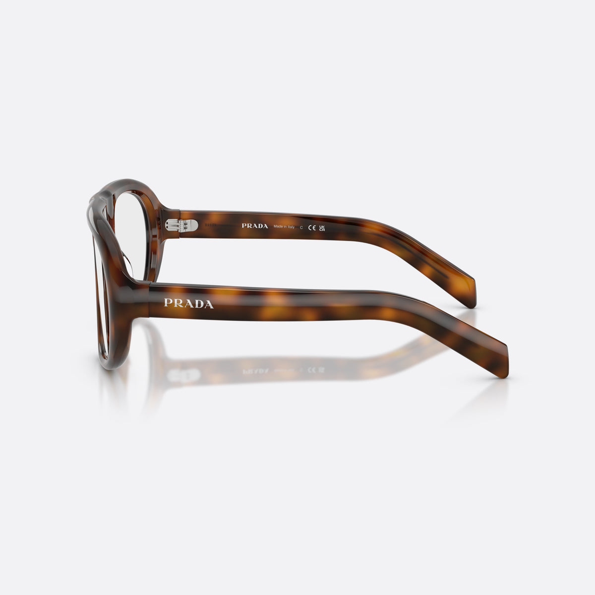 Prada PR C05S 20D08N sunglasses, havana irregular frame for women, saddle bridge with thick profile, full-rim frame, side view