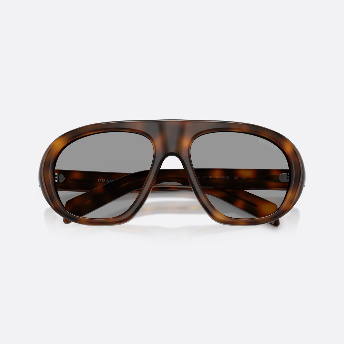 Prada PR C05S 20D50Q sunglasses, havana irregular frame for women, plain double bridge, brand logo on temple, full-rim frame, folded