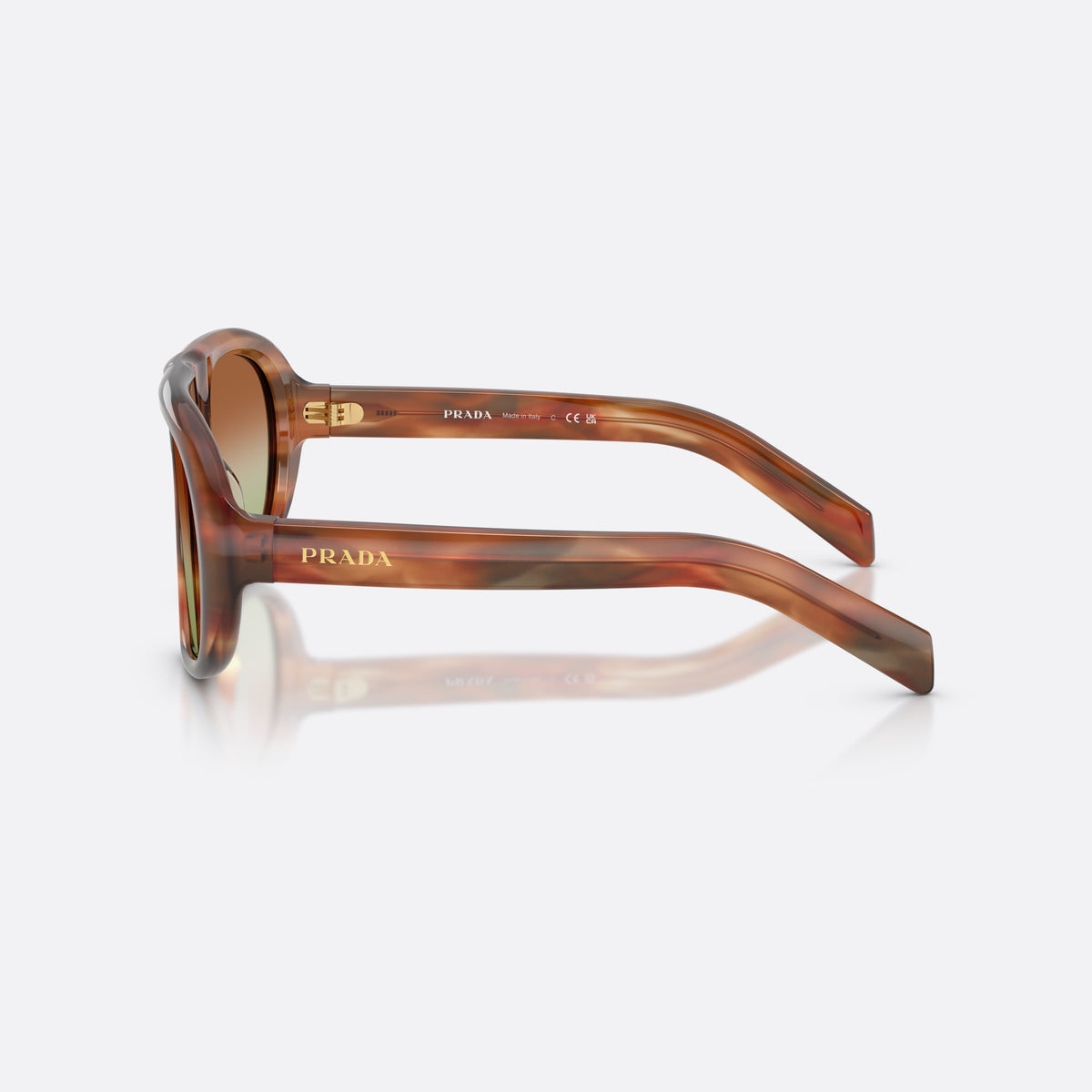 Prada PR C05S 24G70T sunglasses, brown irregular frame for women, plain double bridge, brand logo on lens, side view