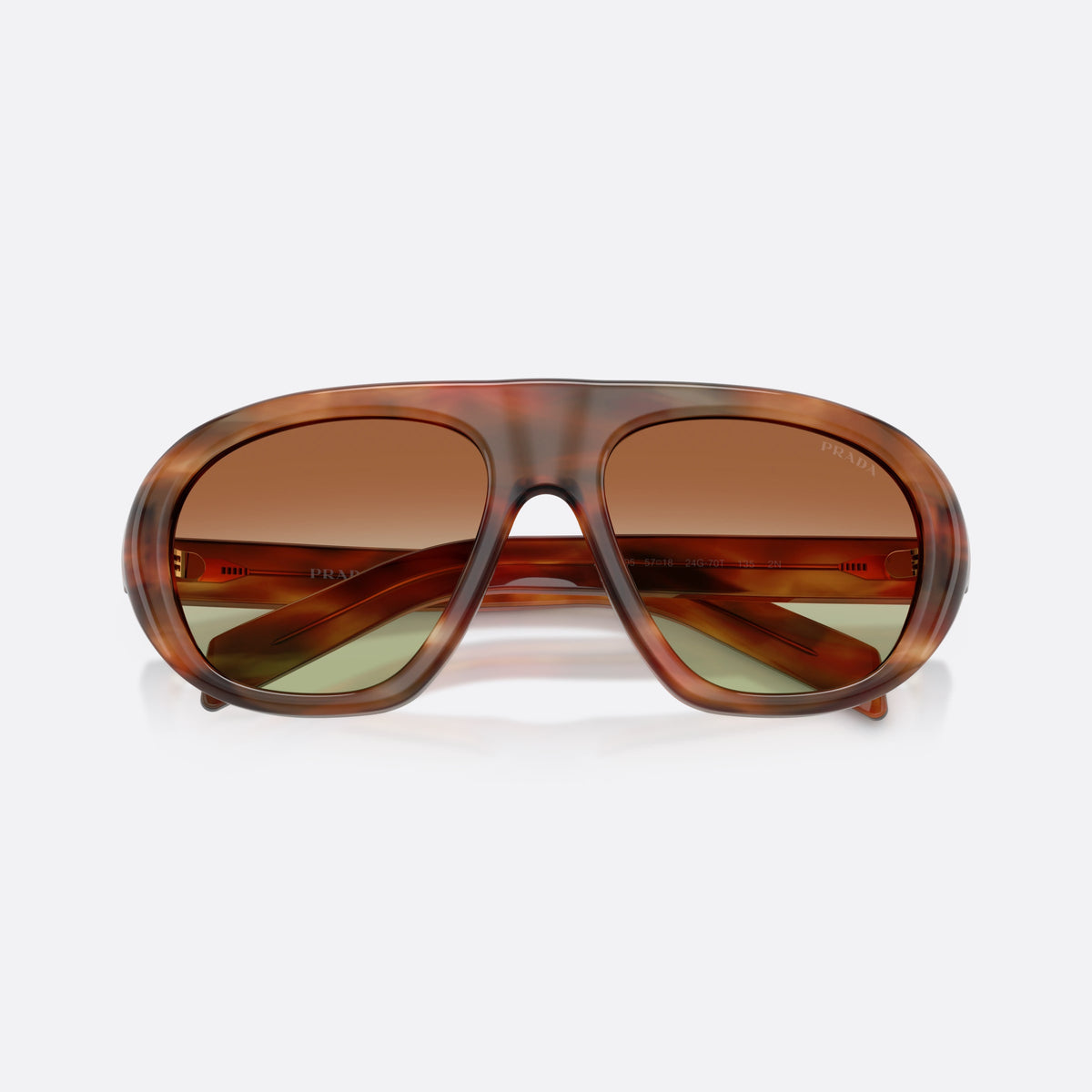 Prada PR C05S 24G70T sunglasses, brown irregular frame for women, plain double bridge, brand logo on lens, folded