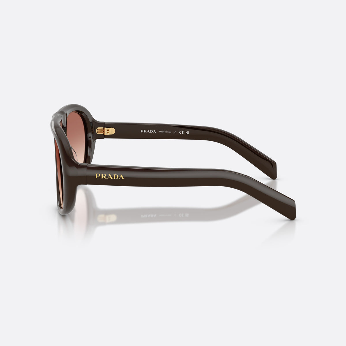 Ochelari de soare Prada PR C05S 27I70X, neregulat maro, pentru femei, punte integrată simplă, literele brandului pe brațe, vedere laterală