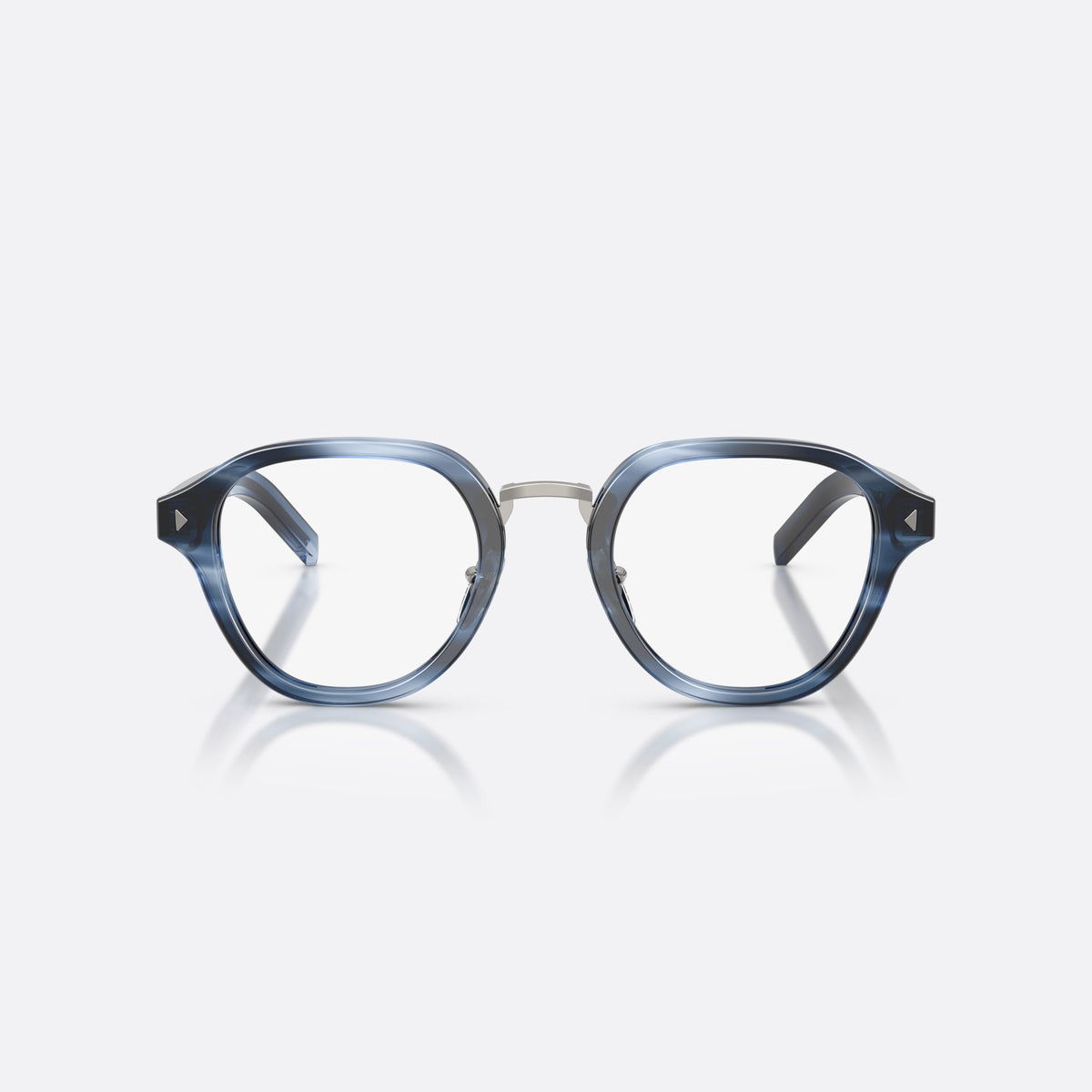 Prada PR C05V 26F1O1 eyeglasses, blue phantos frame for men, brand lettering on the temples, triangular plaque on temple, front view