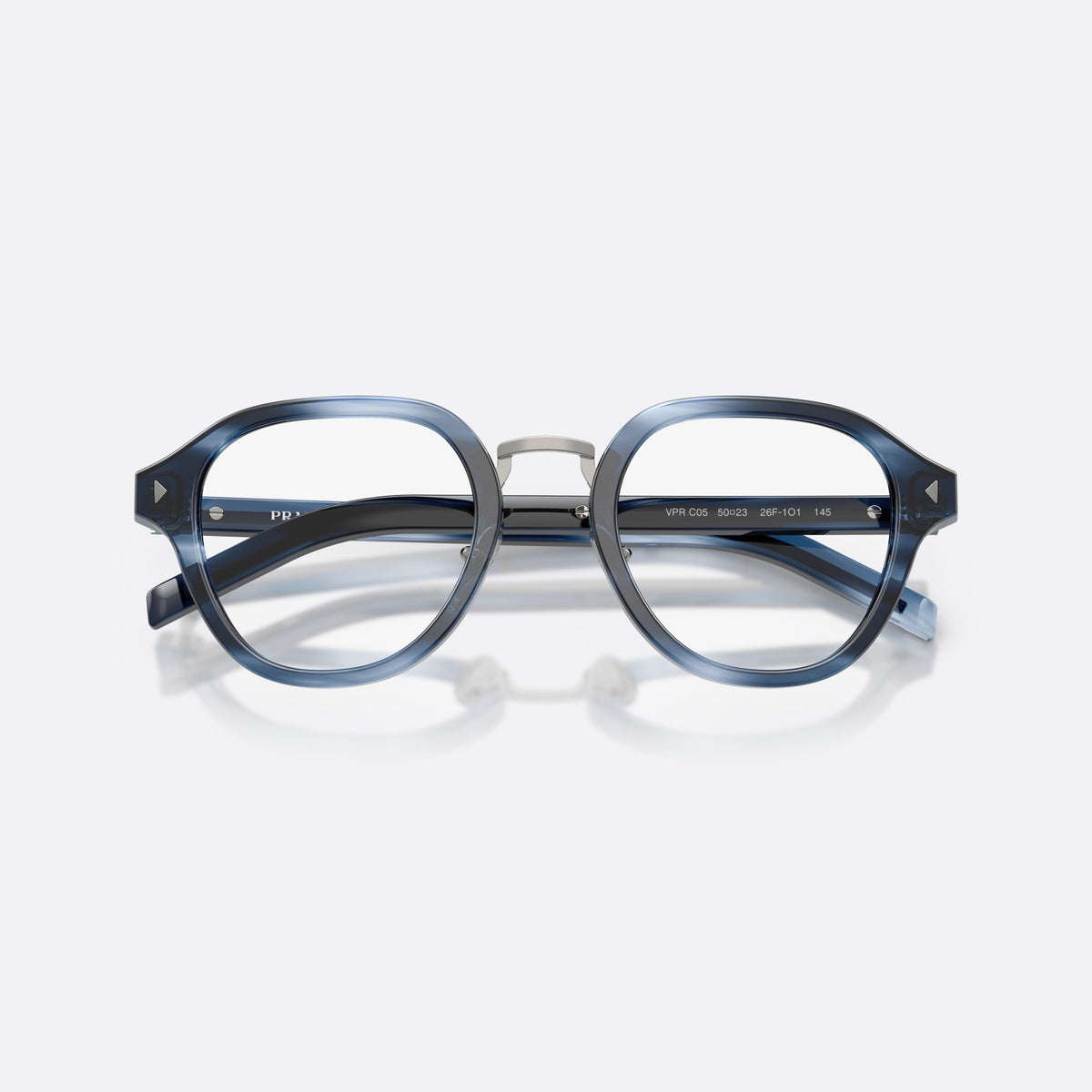Prada PR C05V 26F1O1 eyeglasses, blue phantos frame for men, brand lettering on the temples, triangular plaque on temple, folded