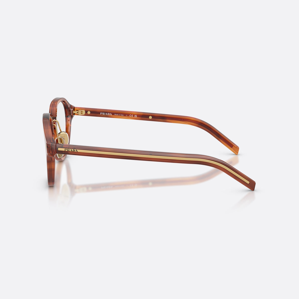 Prada PR C05V 27F1O1 eyeglasses, brown phantos frame for men, brand lettering on temples, slim tapered temples, side view